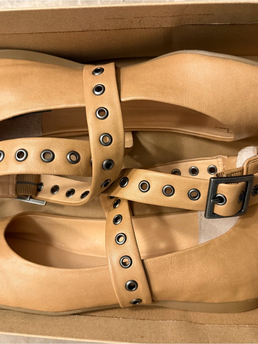 Jessica Simpson Tan Eyelet-Detail Ballet Flats with Buckle Strap